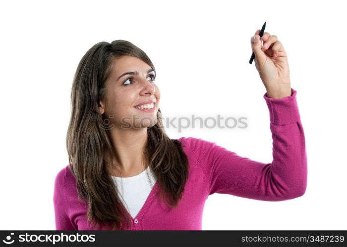 Adorable pretty girl writing isolated on a over white background