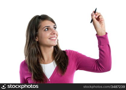 Adorable pretty girl writing isolated on a over white background