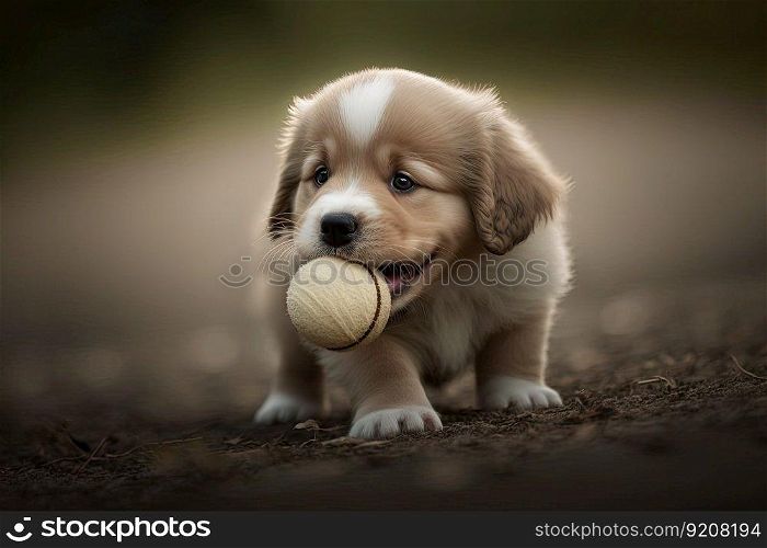 adorable puppy with ball in its mouth, playing fetch, created with generative ai. adorable puppy with ball in its mouth, playing fetch