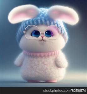 Adorable rabbit with white fur and pink background wearing a trendy jacket and glasses AI generated