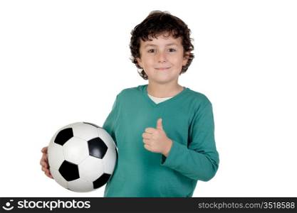Adorable saying OK with a soccer ball isolated over white