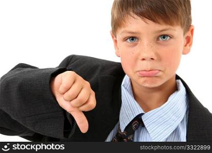 Adorable seven year old american boy in over sized large suit over white giving thumbs down.