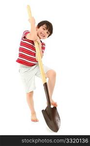 Adorable seven year old french american boy with clean new unused shovel over white background.