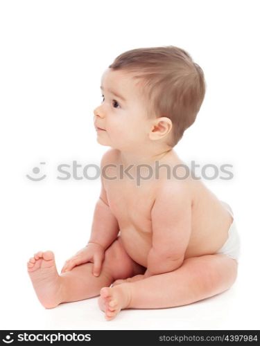 Adorable six month baby in diaper isolated on white background