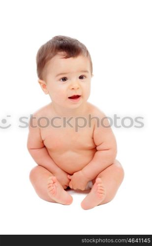 Adorable six month baby in diaper isolated on white background