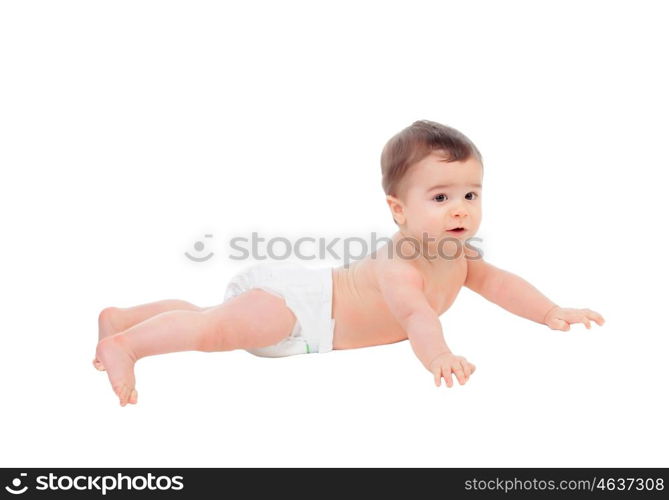 Adorable six month baby in diaper lying on the floor isolated on white background