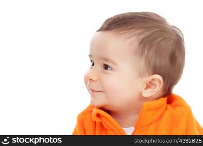 Adorable six month baby with looking at side isolated on white background