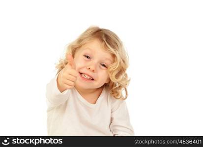 Adorable small blond child saying Ok isolated on white background