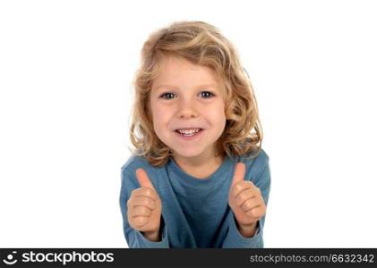 Adorable small blond child saying Ok isolated on white background