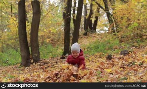 Adorable small boy dressed in warm clothes playing with yellow fall foliage in autumn park. Sweet toddler child throwing autumn leaves while having fun outdoors over colorful golden autumn background. Slow motion.