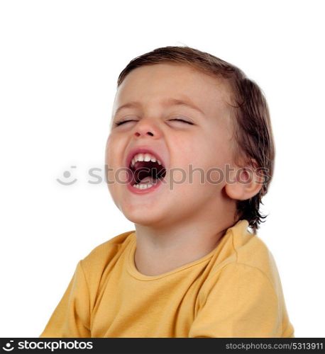 Adorable small child laughing isolated on a white background