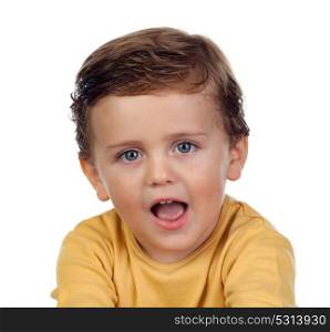 Adorable small child showing his tongue isolated on a white background