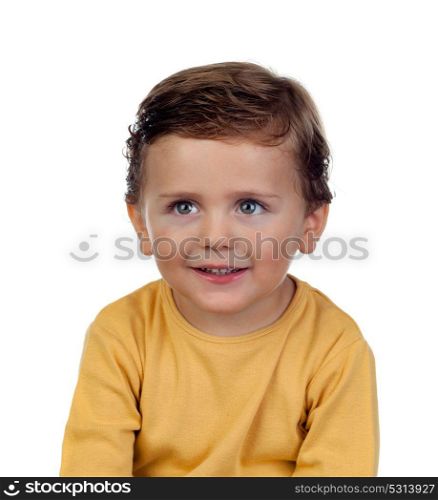 Adorable small child two years old with yellow t-shirt isolated on a white background