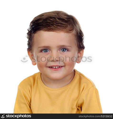 Adorable small child two years old with yellow t-shirt isolated on a white background