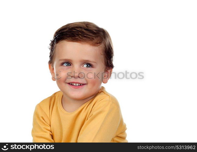 Adorable small child two years old with yellow t-shirt isolated on a white background