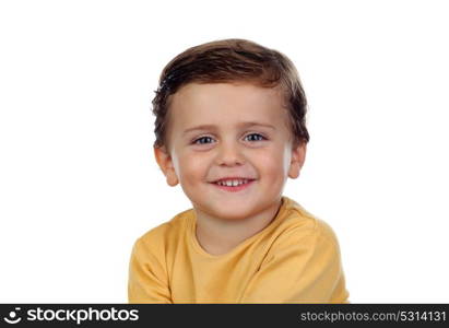 Adorable small child two years old with yellow t-shirt isolated on a white background