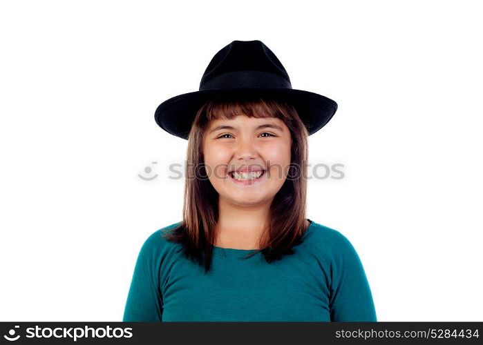 Adorable small girl with black hat isolated on a white background