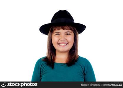 Adorable small girl with black hat isolated on a white background