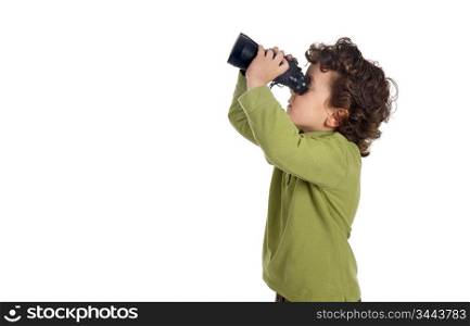 Adorable spy boy with binoculars isolated over white