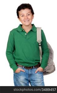 Adorable student dressed in green isolated on a over white background