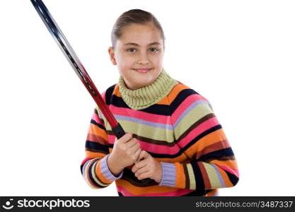 Adorable student girl with racket of tennis on a over white background