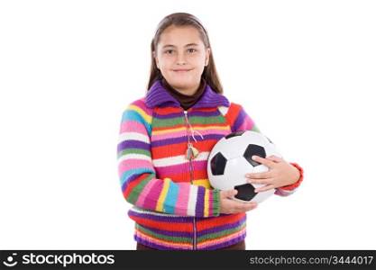 Adorable student girl with soccer ball on a over white background