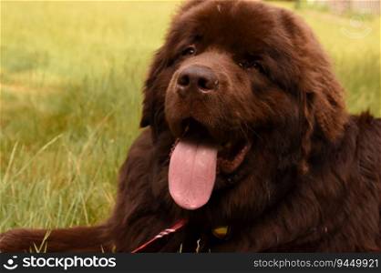 Adorable sweet faced Newfoundland dog resting on a warm summer day.