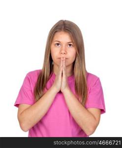 Adorable teen girl praying isolated on white background