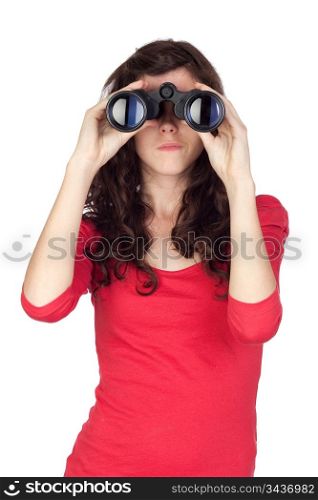 Adorable teen girl with binoculars isolated on white background