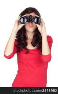 Adorable teen girl with binoculars isolated on white background