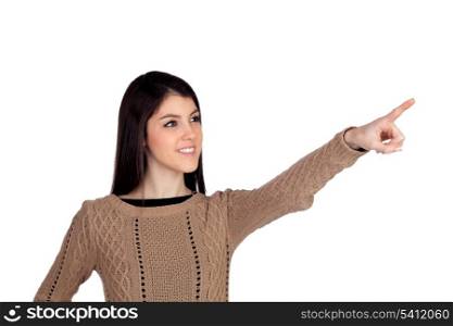Adorable teenager girl indicating something isolated on a white background