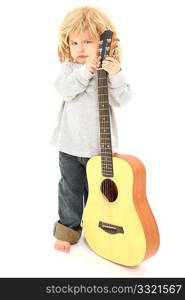 Adorable three year old american boy with long rocker hair and accoustic guitar over white background.