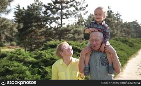 Adorable toddler boy sitting on grandfather&acute;s shoulder and drumming on his head while multi generation family spending leisure in park. Positive grandparents bonding with their grandson and having fun outdoors. Slow motion. Steadicam stabilized shot.
