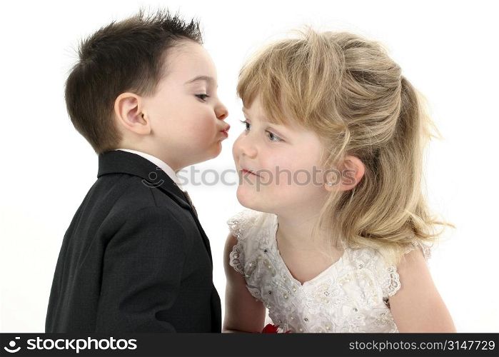 Adorable Two Year Old Boy Puckered Up To Give His Girl A Kiss.