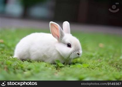 Adorable white rabbit on a green grass. Easter concept by generative AI