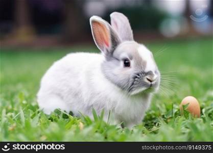 Adorable white rabbit on a green grass. Easter concept by generative AI