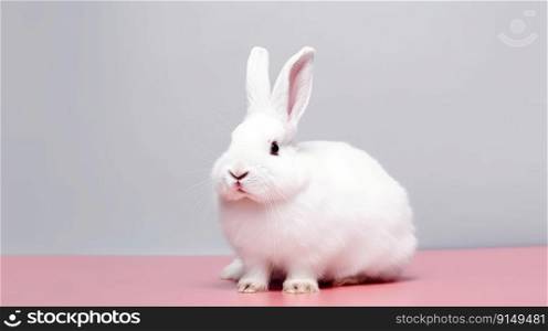 Adorable white rabbit on a pastel color background. Easter concept by generative AI