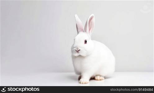 Adorable white rabbit on a pastel color background. Easter concept by generative AI