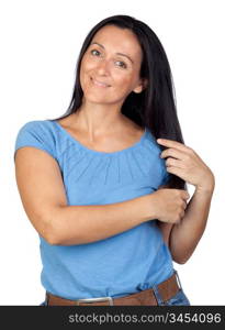 Adorable woman combing her hair isolated on a over white background