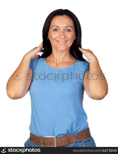 Adorable woman combing her hair isolated on a over white background