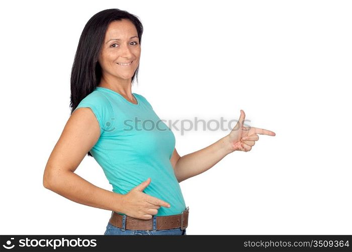 Adorable woman indicating something isolated on a over white background