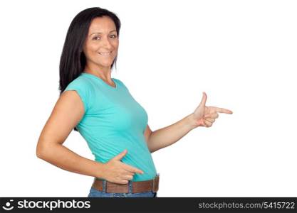 Adorable woman indicating something isolated on a over white background