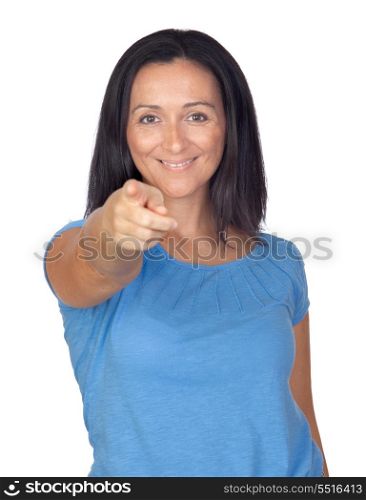 Adorable woman pointing to the front isolated on a over white background