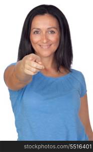 Adorable woman pointing to the front with focus on her index finger isolated on a over white background