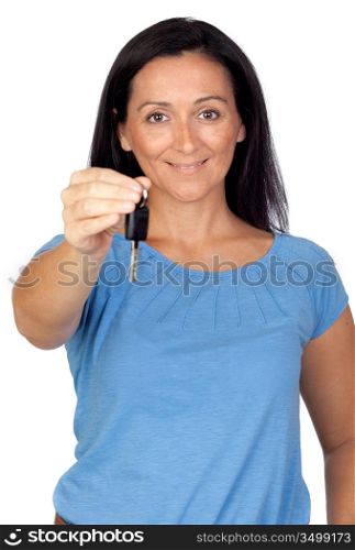 Adorable woman providing a key isolated on a over white background (with focus on the key)