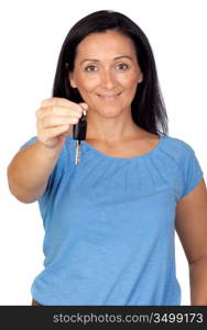 Adorable woman providing a key isolated on a over white background (with focus on the key)