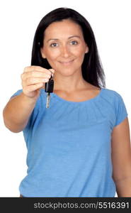 Adorable woman providing a key isolated on a over white background (with focus on the key)