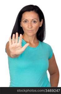 Adorable woman saying stop isolated on a over white background