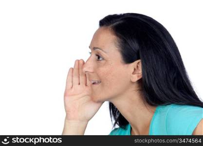 Adorable woman whispering isolated on a over white background