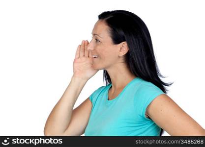 Adorable woman whispering isolated on a over white background